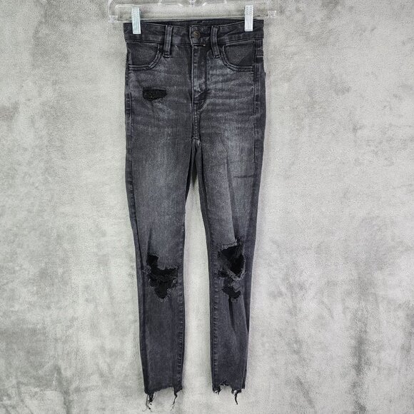 Womens Black American Eagle Super Hi Rise Jegging Crop Jeans Distressed Size 000 - Picture 2 of 10
